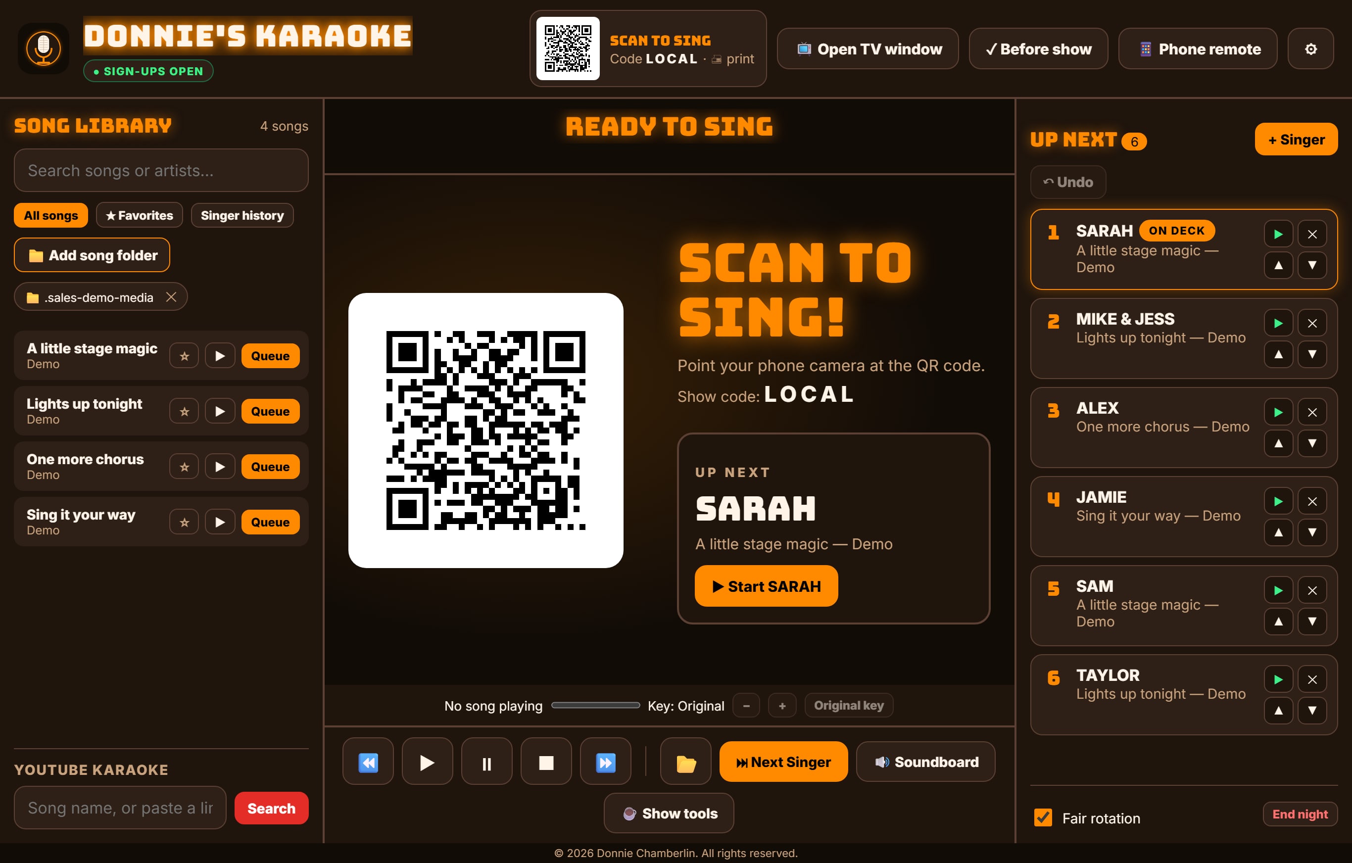 Real laptop host screen with local song library, sign-up QR, Sarah and the singer queue, playback and show controls.