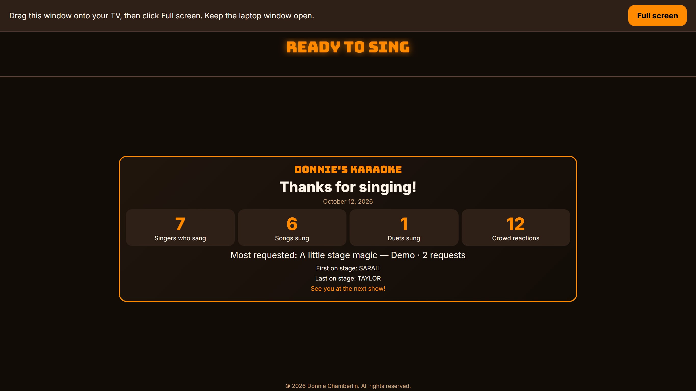 Real end-of-night recap with six songs, a duet, crowd reactions and the first and last singers.